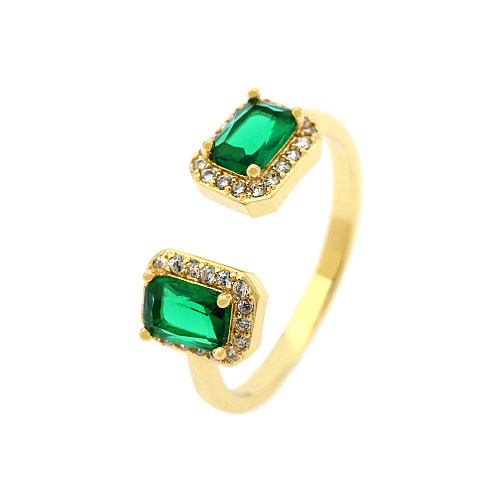 IG Style Elegant Lady Square Copper Plating Inlay Zircon 18K Gold Plated Open Rings