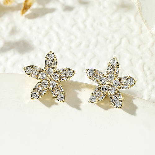 1 Pair Simple Style Shiny Flower Plating Inlay Copper Zircon 18K Gold Plated Ear Studs