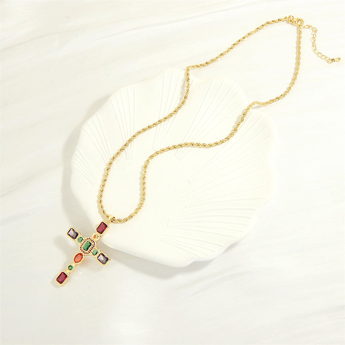 Einfache Hip-Hop-Anhänger-Halskette mit Kreuzverkupferung und Inlay aus Zirkon, 18 Karat vergoldet