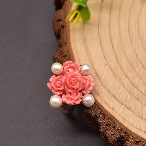 Bagues plaquées or 18 carats avec incrustation de fleurs et de cuivre, Design Original, perles d'eau douce
