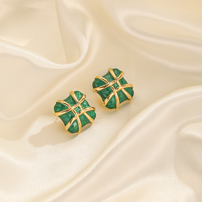 1 Pair Casual Vintage Style Round Square Heart Shape Plating Inlay Copper Artificial Pearls Malachite Resin 18K Gold Plated Ear Studs