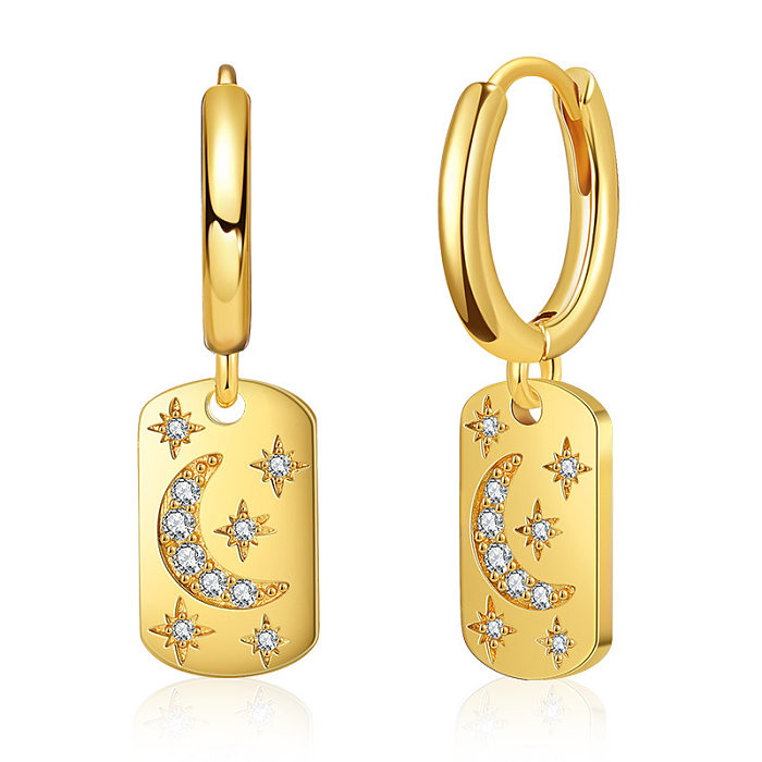 1 Pair Simple Style Star Moon Rectangle Copper Plating Inlay Zircon 18K Gold Plated Drop Earrings