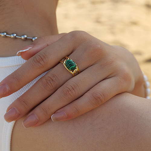 IG Style Casual Oval Stainless Steel Plating Inlay Malachite 18K Gold Plated Open Rings