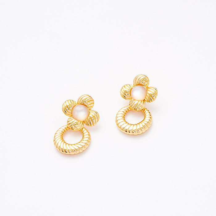 1 Pair Retro Flower Plating Copper 18K Gold Plated Drop Earrings