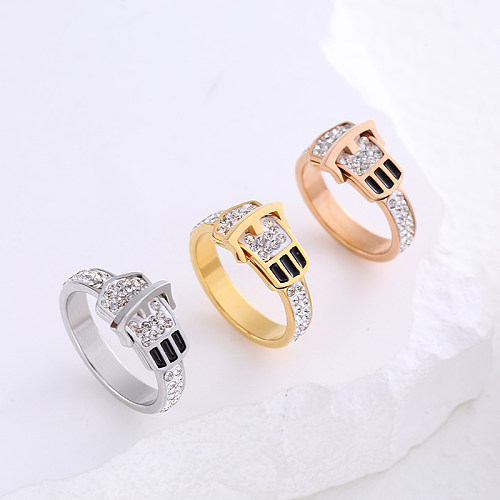INS Style Casual Belt Buckle Stainless Steel Enamel Plating Inlay Zircon 24K Gold Plated Rings