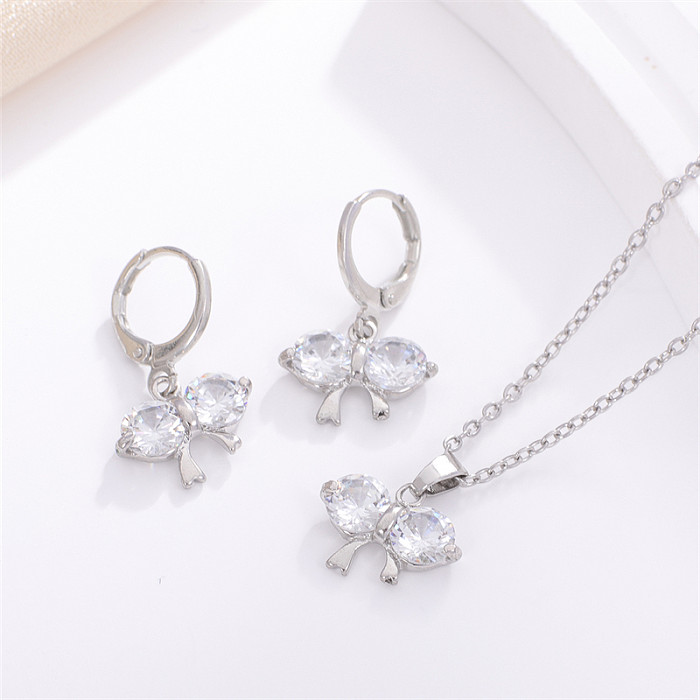 Casual Sweet Simple Style Bow Knot Copper Inlay Zircon Earrings Necklace