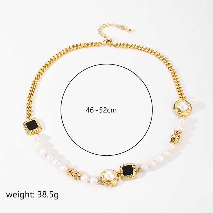 Collar chapado en oro de 18 quilates con perlas de agua dulce, chapado en cobre, cuadrado, elegante, estilo IG