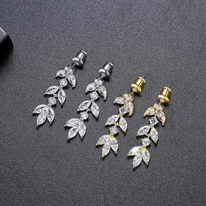 1 paire de boucles d'oreilles pendantes en cuivre et Zircon, Style japonais, placage de feuilles, incrustation de feuilles