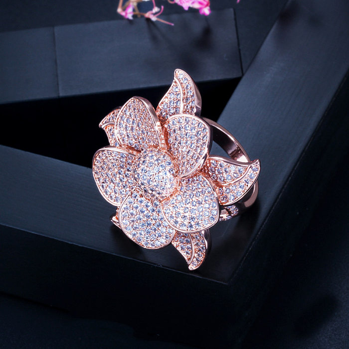 Elegant Luxurious Flower Copper Plating Inlay Zircon 14K Gold Plated Gold Plated Rhodium Plated Rings