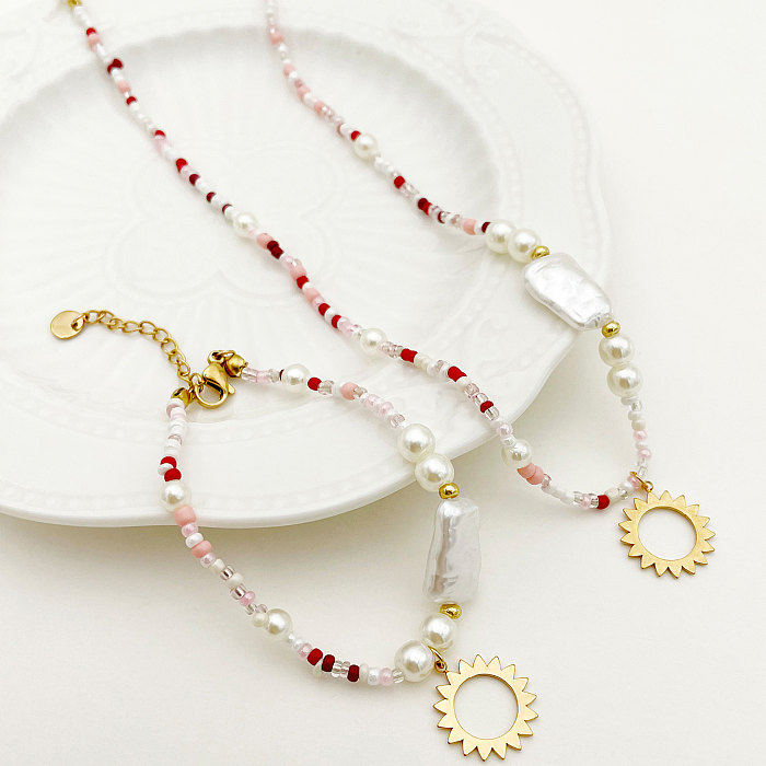 Style Vintage Style romain soleil acier inoxydable Imitation perle perlée plaqué or Bracelets collier