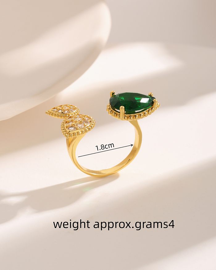 Vintage Style Luxurious Sweet Leaves Water Droplets Copper Plating Hollow Out Inlay Zircon 18K Gold Plated Open Rings