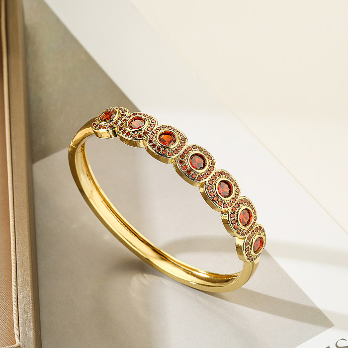 Elegant Vintage Style Round Square Copper Plating Inlay Zircon 18K Gold Plated Bangle
