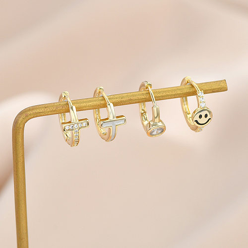 2 Paar modische Kreuz-Smiley-Ohrringe aus Kupfer mit eingelegtem Zirkon