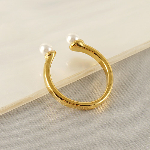Retro estilo francês em forma de U chapeamento de aço inoxidável pérola 18K anel aberto banhado a ouro