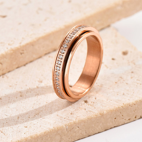 Anéis banhados a ouro rosa de zircão embutido de aço inoxidável de cor sólida estilo coreano