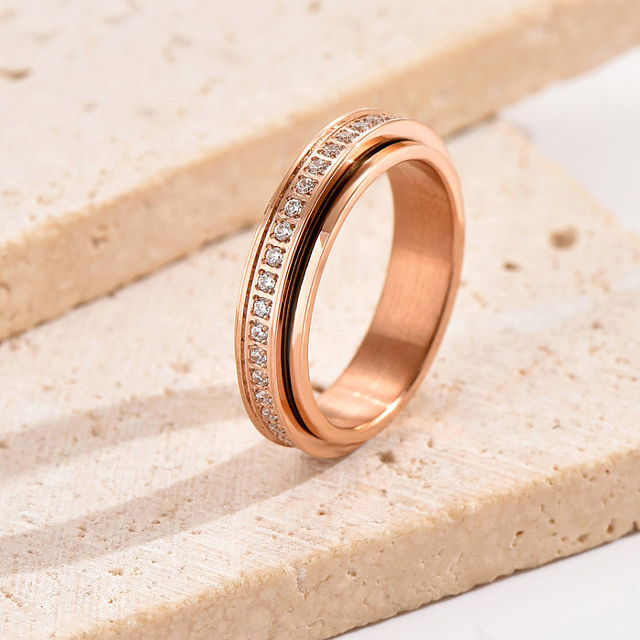 Korean Style Solid Color Stainless Steel Plating Inlay Zircon Rose Gold Plated Rings