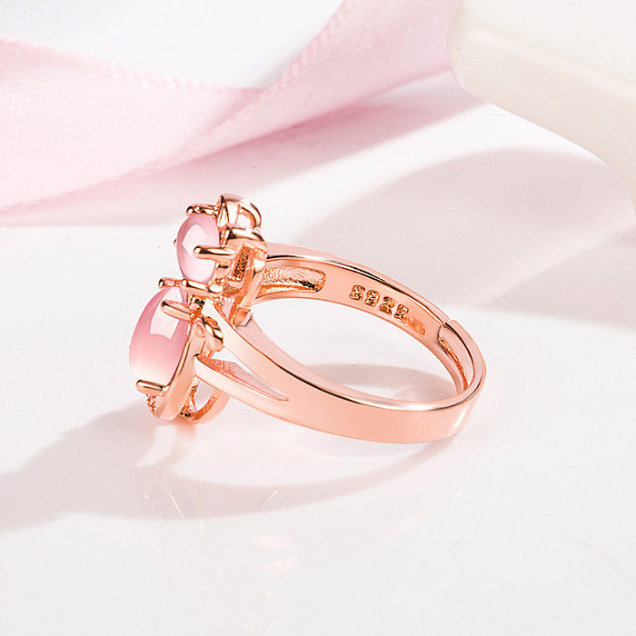 Anillo de gato de cristal rosa coreano, anillo abierto de moda con piedra de hibisco y diamante para mujer
