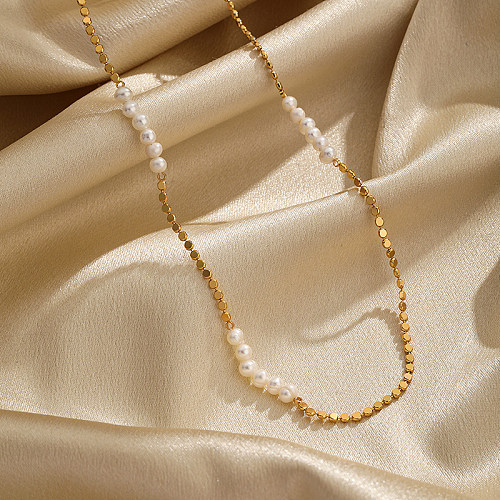 Elegante Halskette mit geometrischer Süßwasserperle und Kupferbeschichtung, 18 Karat vergoldet