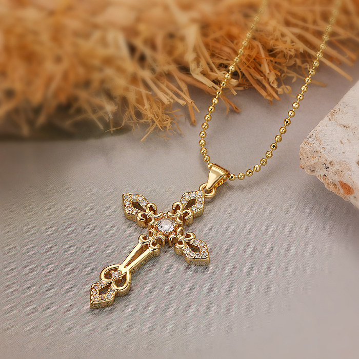 Simple Style Commute Cross Copper Plating Inlay Zircon 18K Gold Plated Pendant Necklace