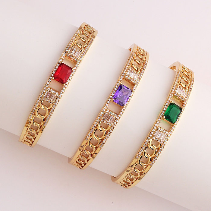 Bracelets de manchette en Zircon avec incrustation de cuivre imprimé de chaînes carrées Queen