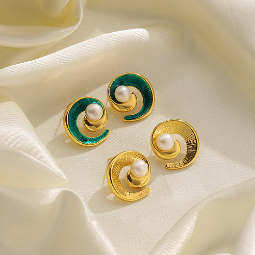 1 paire de clous d'oreilles plaqués or 18 carats, style vintage, style simple, style britannique, couleur unie, placage en émail peint, cuivre, perle d'eau douce