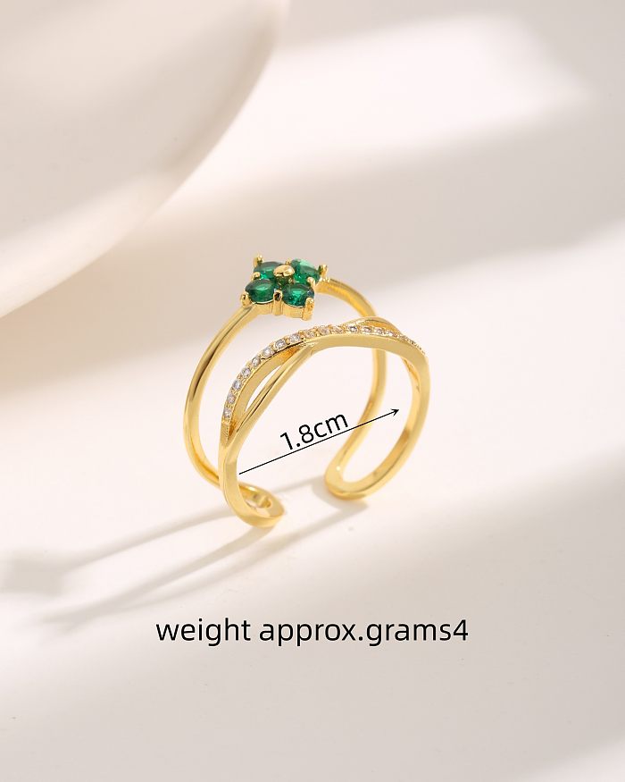 Estilo vintage luxuoso trevo de quatro folhas flor chapeamento de cobre incrustação zircão anéis banhados a ouro 18K