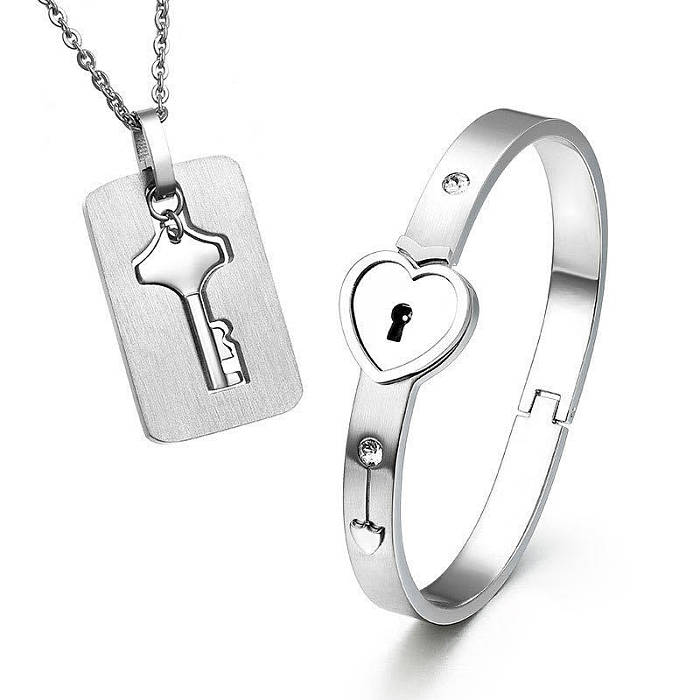 Fashion Key Lock Titanium Steel Inlay Zircon Bracelets Necklace 1 Set