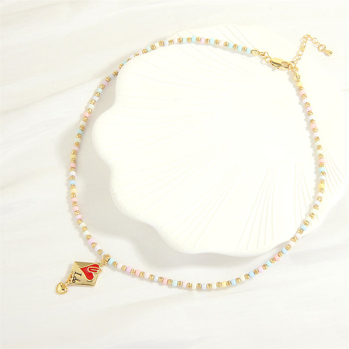 Collier pendentif plaqué or 18 carats, Style IG, lettre en forme de cœur, verre, cuivre, perles en émail