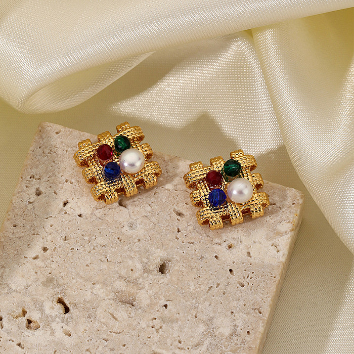 1 Pair Simple Style Square Plating Inlay Copper Artificial Pearls 18K Gold Plated Ear Studs