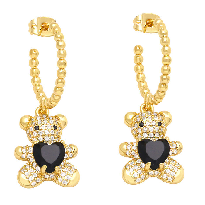 Fashion Heart Shaped Bear Inlay  Rhinestone Copper Earrings