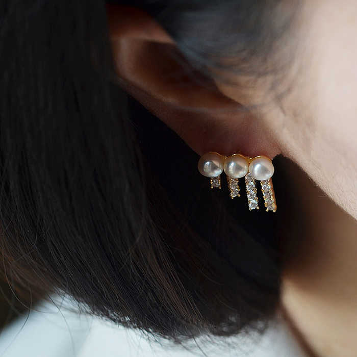 1 paire de clous d'oreilles en Zircon, incrustation de placage de pampilles en cuivre, perles artificielles pour femmes