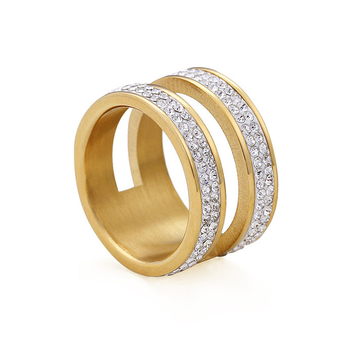 Kalen moda nova jóias simples europeias e americanas fileira dupla argila branca strass anel de aço inoxidável galvanizado 18k ouro real