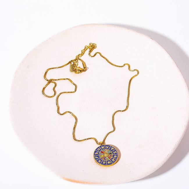 Retro Round Constellation Copper Gold Plated Zircon Pendant Necklace In Bulk
