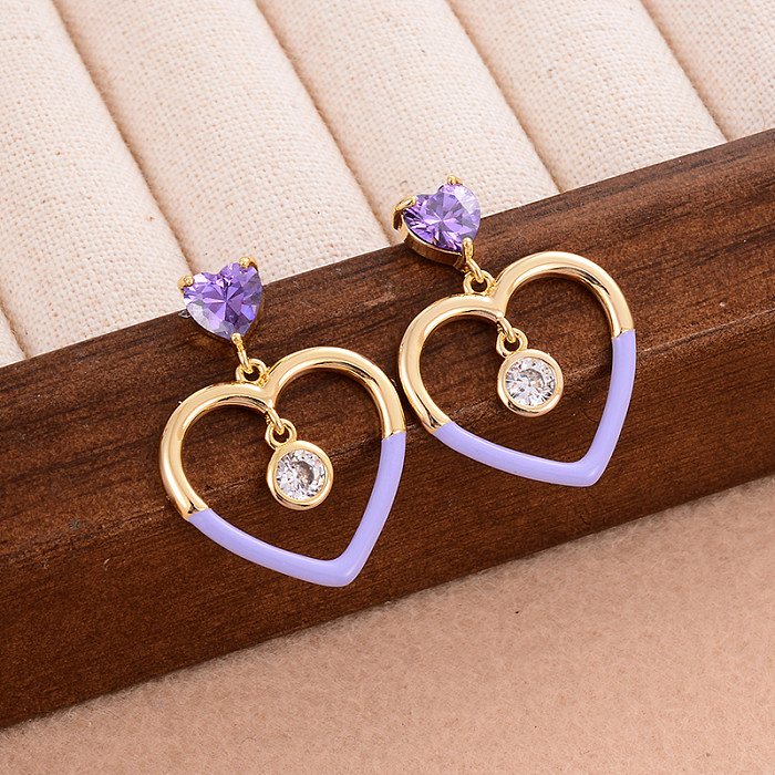 1 Pair Simple Style Heart Shape Enamel Plating Inlay Copper Zircon 14K Gold Plated Earrings