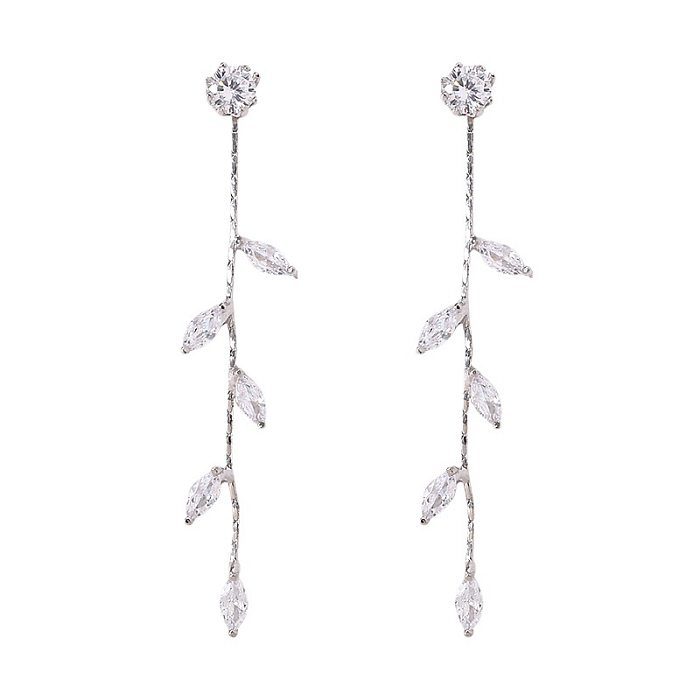 1 Pair Fairy Style Leaves Copper Inlay Zircon Drop Earrings