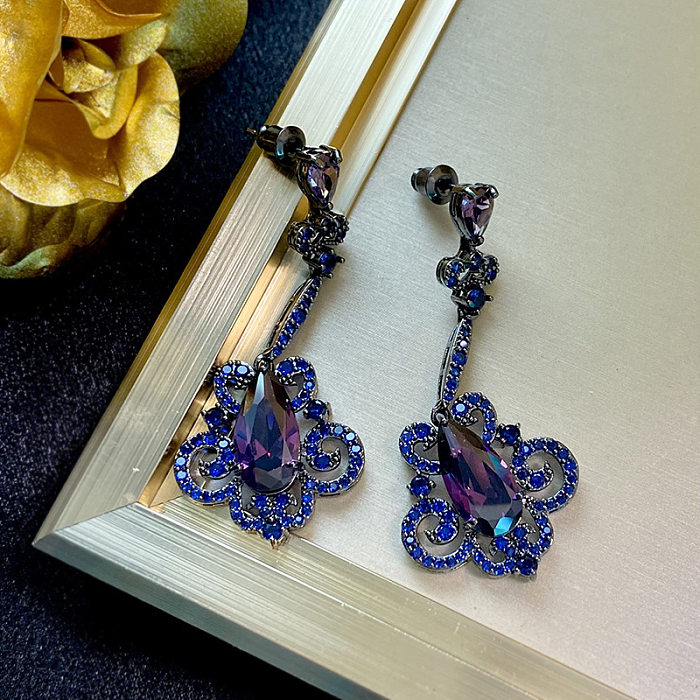1 Pair Exaggerated Flower Inlay Copper Zircon Drop Earrings