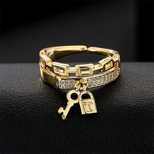Moda cobre banhado a ouro 18K corrente chave fechadura geométrica anel aberto feminino