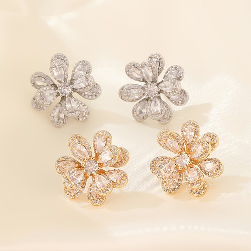 1 Pair Sweet Simple Style Flower Plating Inlay Copper Zircon White Gold Plated Gold Plated Ear Studs
