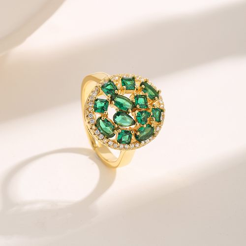 Luxurious Round Copper Plating Hollow Out Inlay Zircon 18K Gold Plated Rings