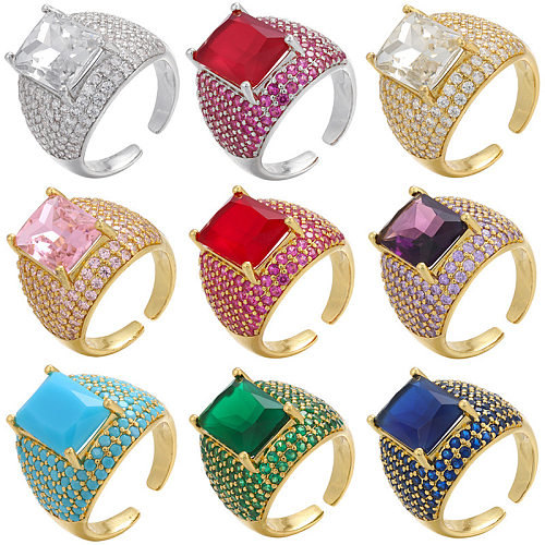 Vintage colorido quadrado diamante micro-incrustado zircão abertura anel ajustável jóias por atacado