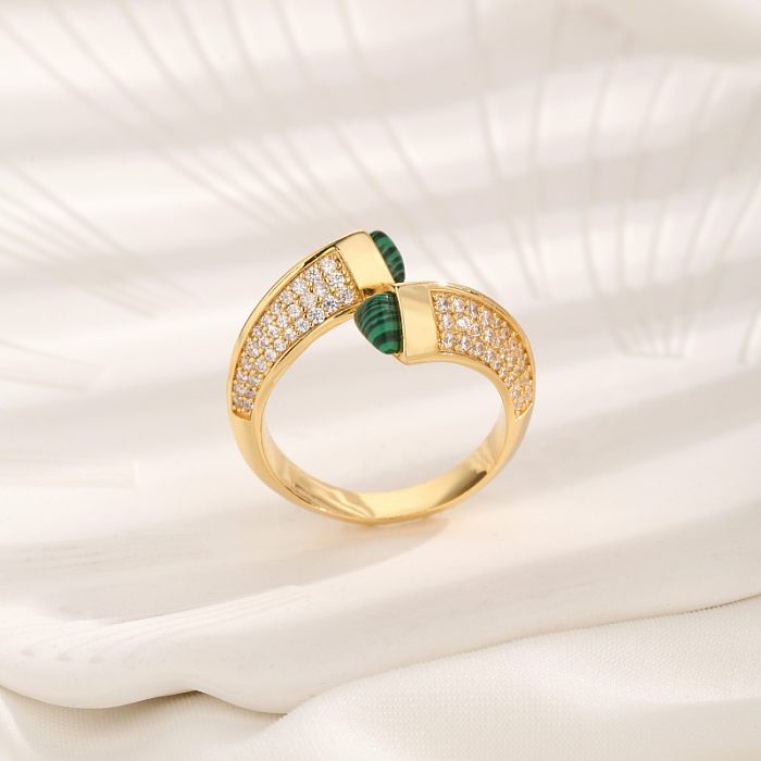 Casual Vintage Style Round Copper Asymmetrical Plating Inlay Turquoise Zircon 18K Gold Plated Open Ring