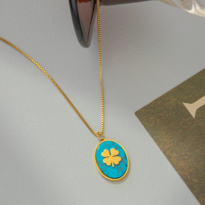 Simple Style Commute Four Leaf Clover Angel Oval Titanium Steel Plating Inlay Turquoise Zircon Earrings Necklace