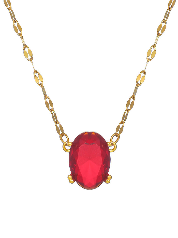 Einfache Pendel-Halskette mit ovalem Anhänger aus Edelstahl, verkupfert, Inlay, Zirkon, 18 Karat vergoldet
