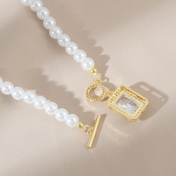 Modische quadratische künstliche Perle mit Kupferbeschichtung und Inlay-Zirkon-Anhänger-Halskette, 1 Stück