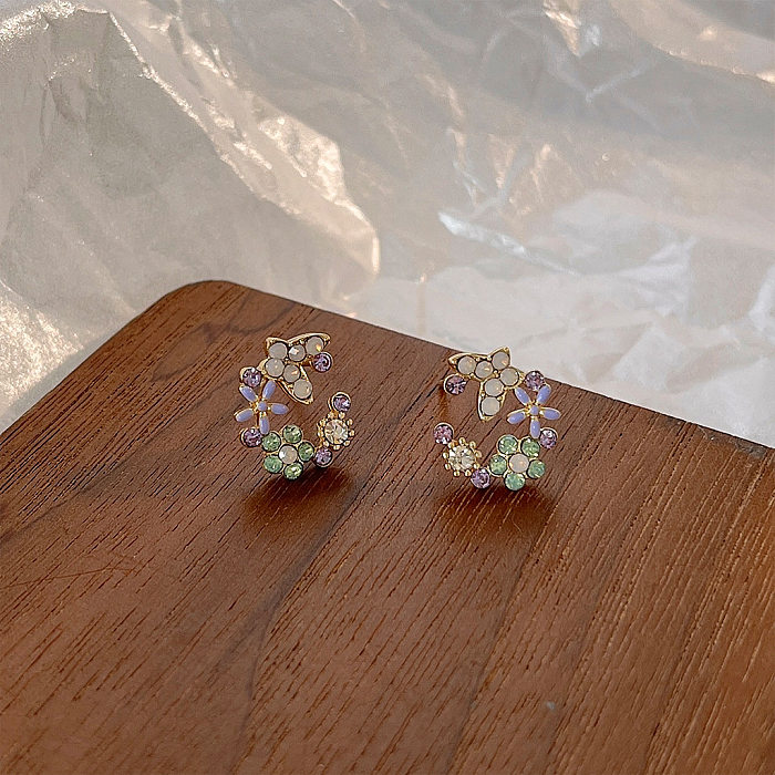 1 Pair Cute Japanese Style Flower Copper Inlay Rhinestones Ear Studs