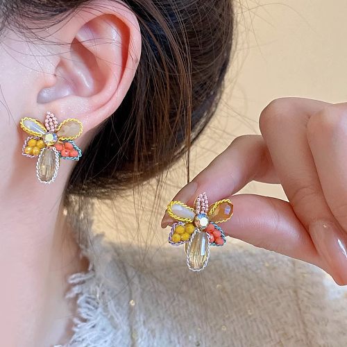 1 paire de clous d'oreilles en pierres précieuses artificielles, fleur et papillon de Style moderne, incrustation en cuivre