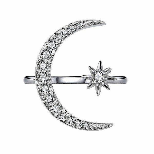 Anillo abierto de circón con incrustaciones de cobre chapado en forma de estrella y luna de moda 1 pieza