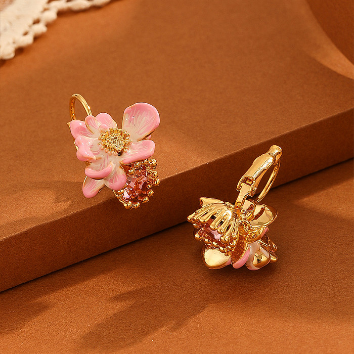 1 paire de boucles d'oreilles en cuivre et Zircon, streetwear, incrustation de fleurs