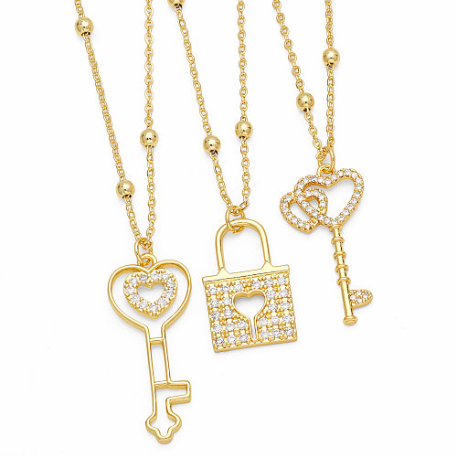 INS Style Heart Shape Key Lock Copper Plating Inlay Zircon 18K Gold Plated Pendant Necklace