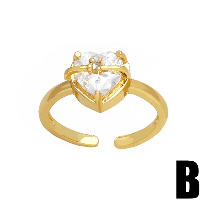 Romantic Shiny Heart Shape Copper Plating Inlay Zircon 18K Gold Plated Open Ring